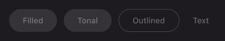 Filled, tonal, outlined and text buttons in their disabled state