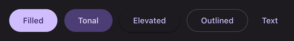 Filled, tonal, elevated, outlined and text buttons side by side