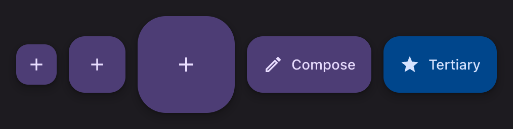 Small, medium and large floating action buttons, then two extended ones