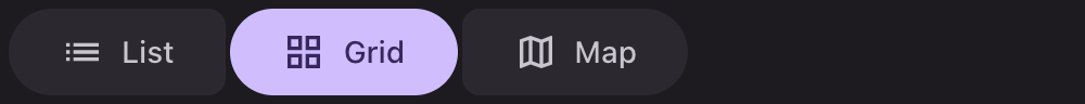 Three options each with a leading icon, the selected one filled and rounded
