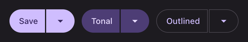 Filled, tonal and outlined split buttons, each a labeled button beside a smaller one carrying a caret