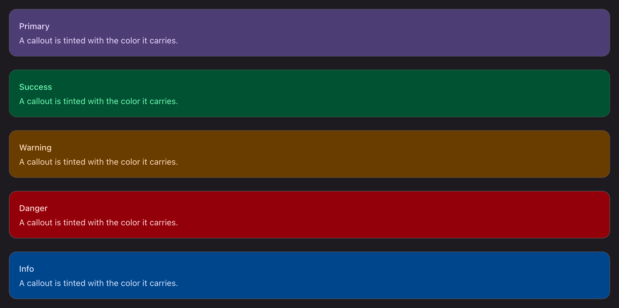 Callouts in primary, success, warning, danger and info