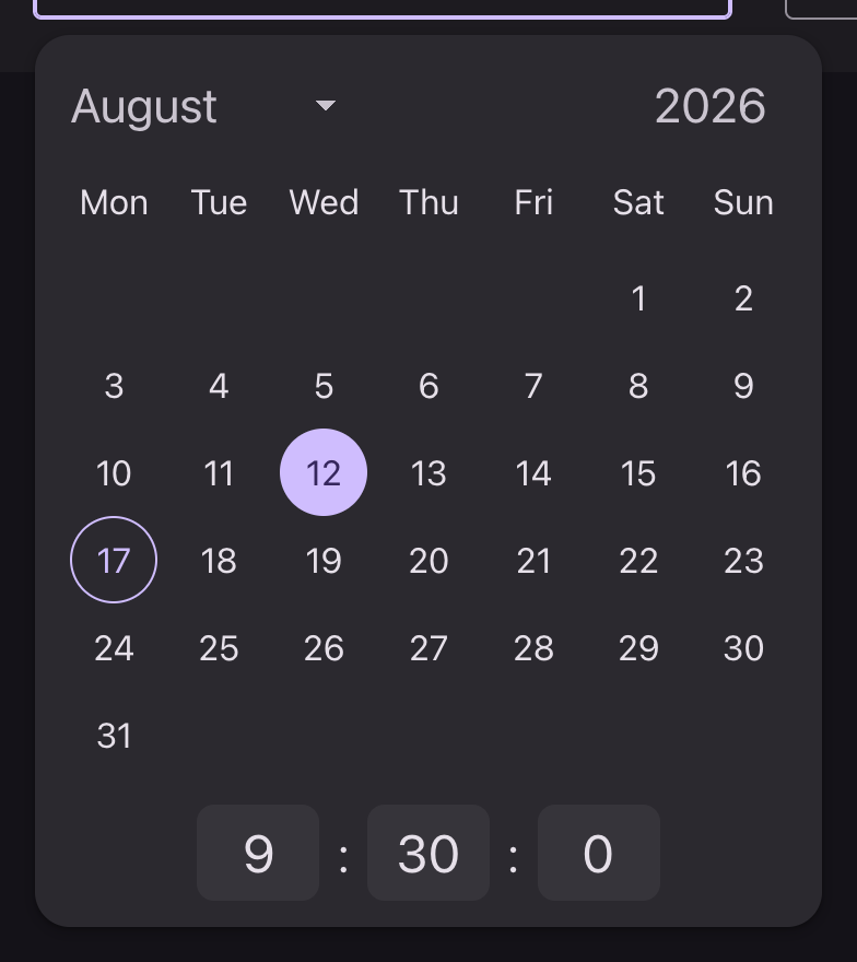 An open panel with the calendar above the time fields