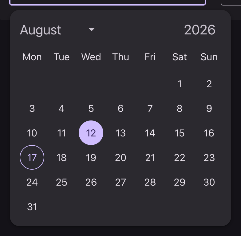 An open calendar panel with circular day cells, the selected date filled and today ringed