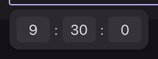 An open time panel with the hour, minute and second in separate fields