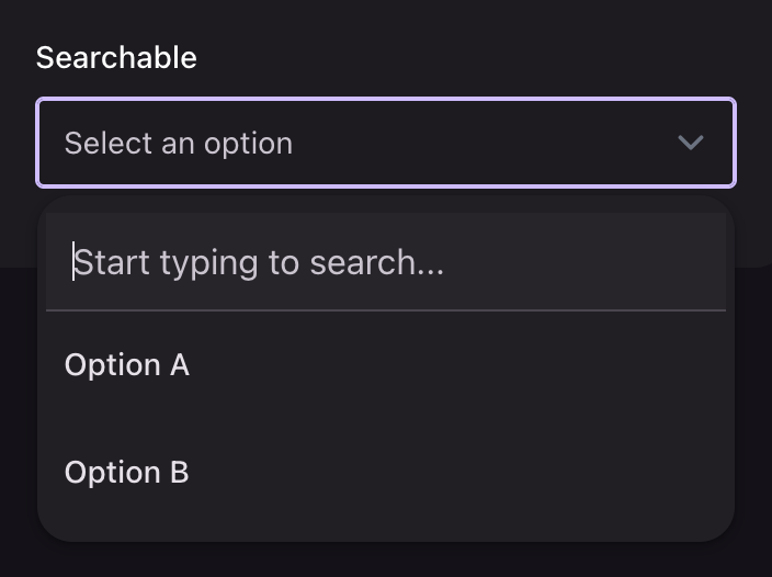 A searchable select with its listbox open and a search field above the options