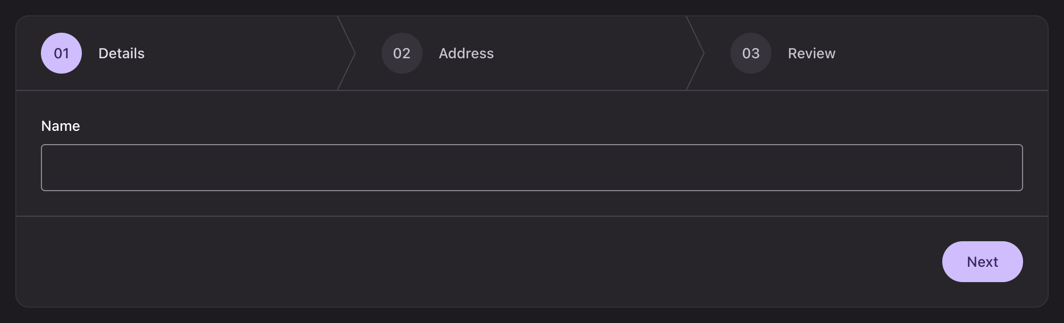 A three step wizard header with the first step active