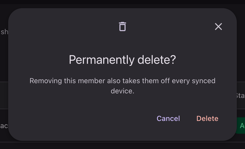A confirmation modal led by a trash icon