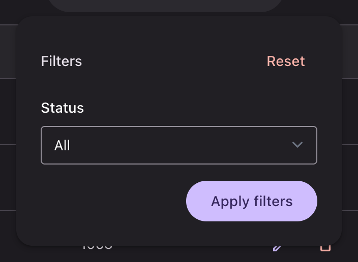 An open filter panel with a select filter inside it