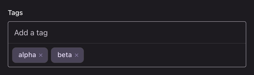 A tags input with two entered tags shown as badges