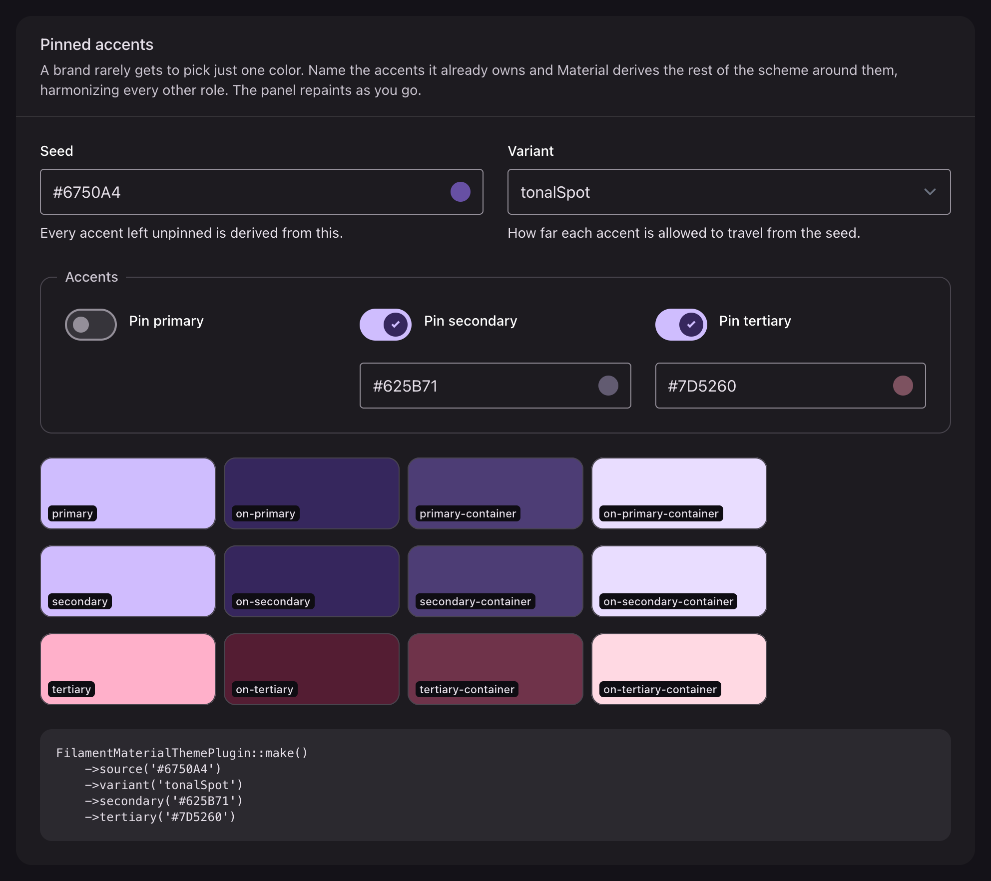 The demo's dynamic color page with secondary and tertiary pinned, showing the roles each one produced and the code that pins them