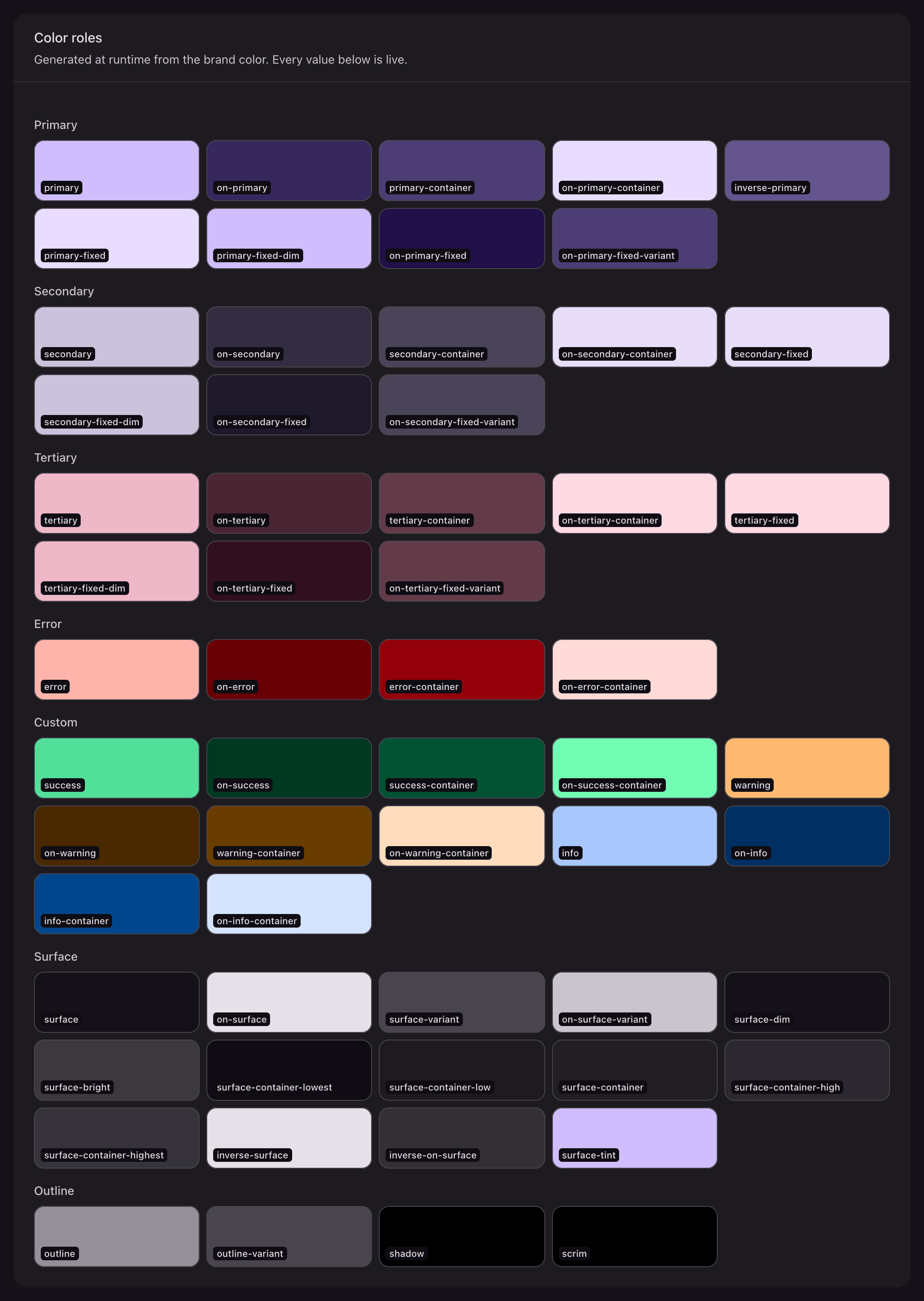 Every color role as a labeled swatch, grouped by primary, secondary, tertiary, error, custom, surface and outline