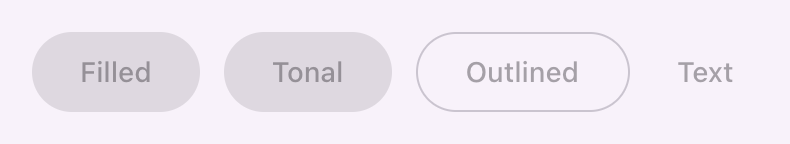 Filled, tonal, outlined and text buttons in their disabled state