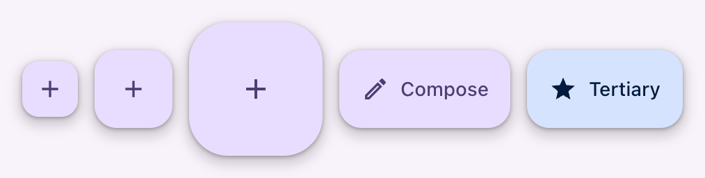 Small, medium and large floating action buttons, then two extended ones