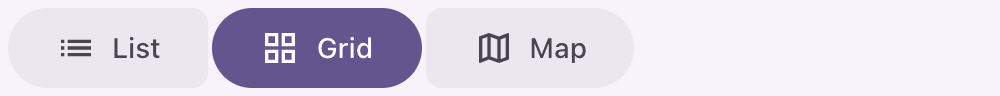 Three options each with a leading icon, the selected one filled and rounded