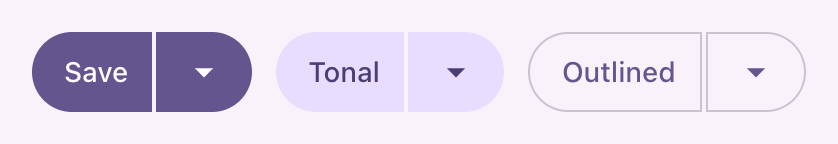 Filled, tonal and outlined split buttons, each a labeled button beside a smaller one carrying a caret