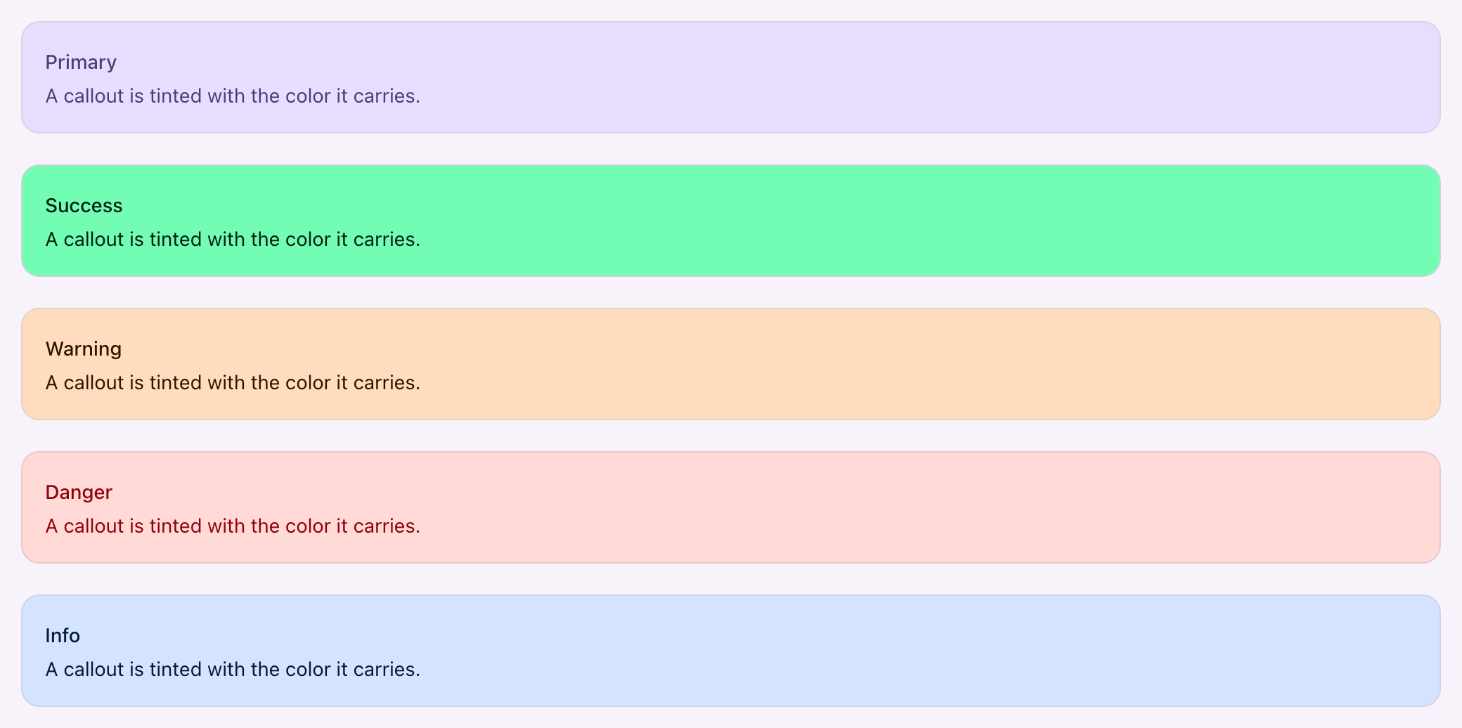 Callouts in primary, success, warning, danger and info