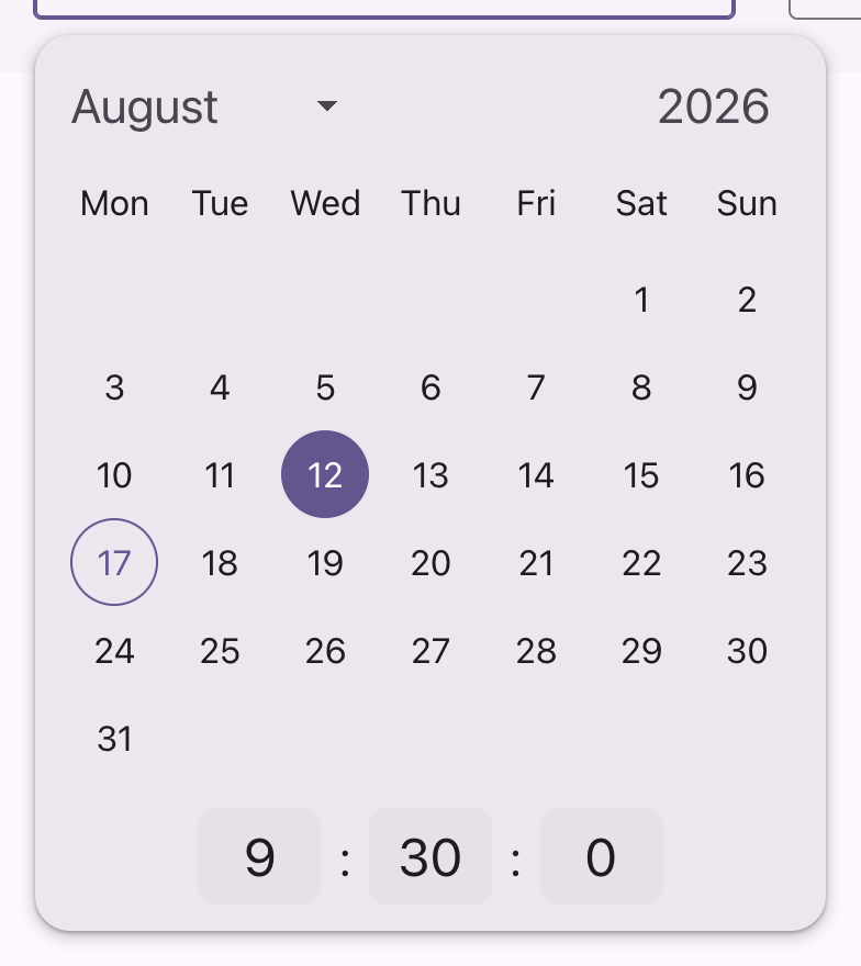 An open panel with the calendar above the time fields