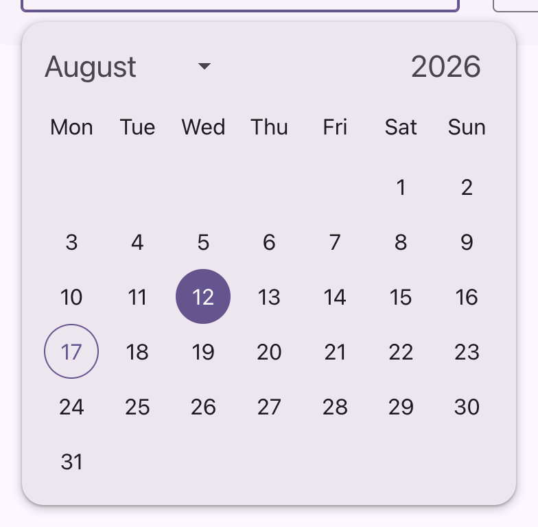 An open calendar panel with circular day cells, the selected date filled and today ringed