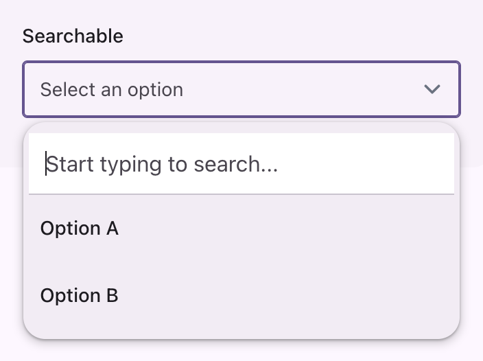 A searchable select with its listbox open and a search field above the options