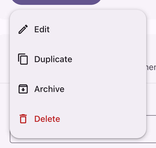 An open menu with four rows, each with a leading icon