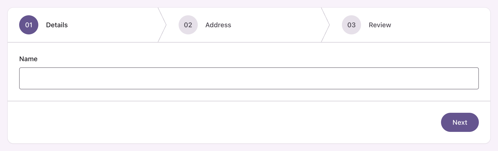 A three step wizard header with the first step active