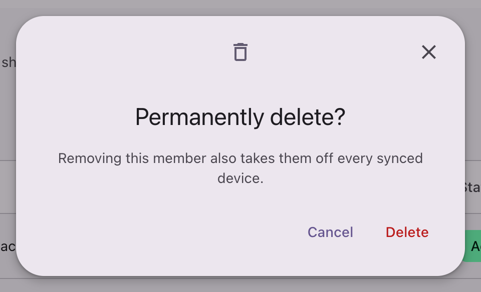 A confirmation modal led by a trash icon