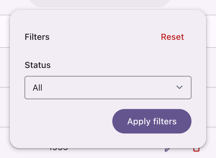 An open filter panel with a select filter inside it