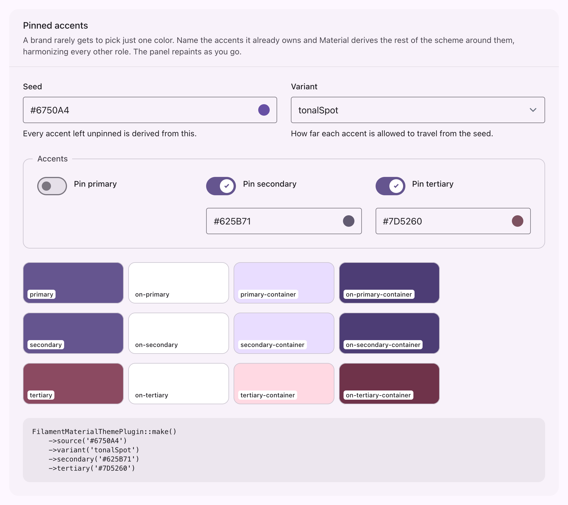 The demo's dynamic color page with secondary and tertiary pinned, showing the roles each one produced and the code that pins them