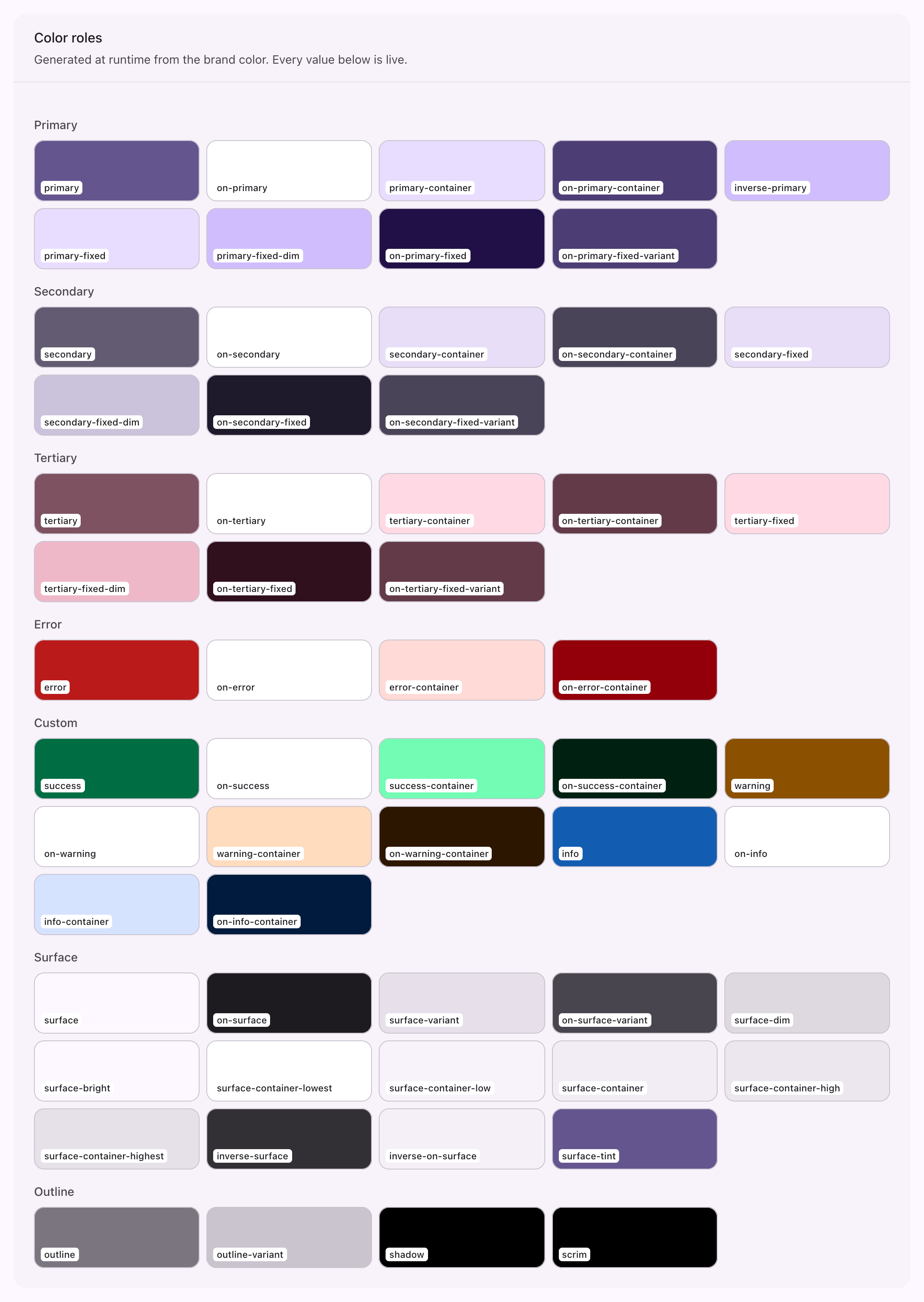 Every color role as a labeled swatch, grouped by primary, secondary, tertiary, error, custom, surface and outline